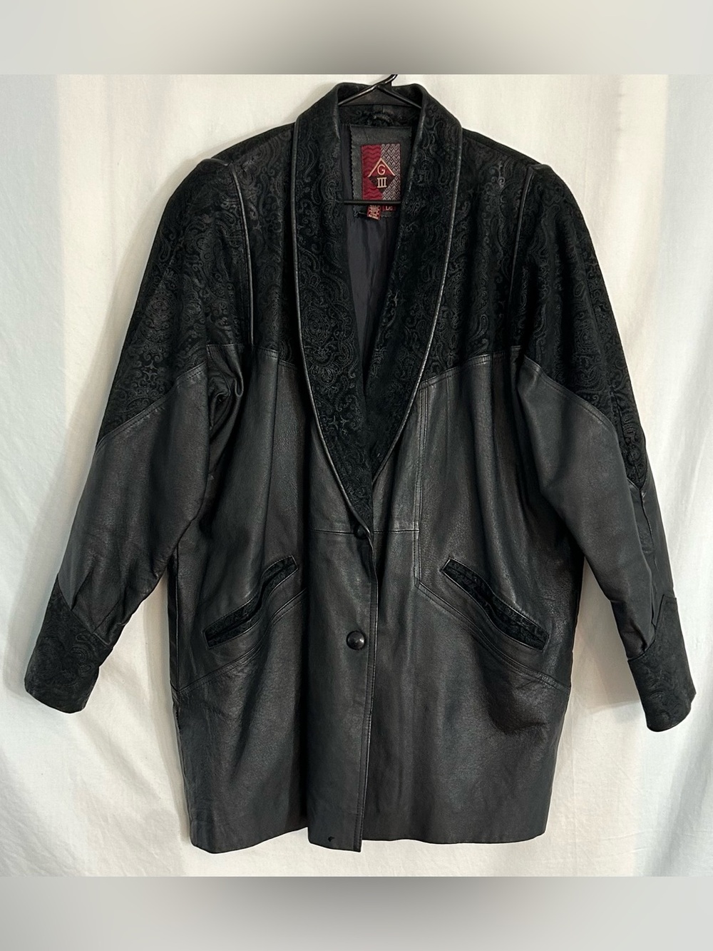 Vintage G III Long Black Suede Leather Jacket Coat Women's Sz L 80's Button Down